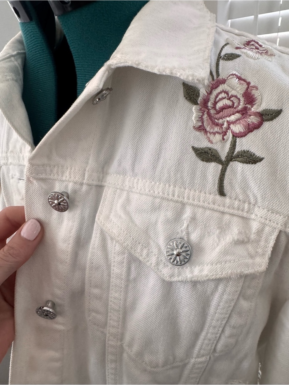 DRIFTWOOD White Denim Jacket with Pink Rose Embroidery - Picture 5 of 6